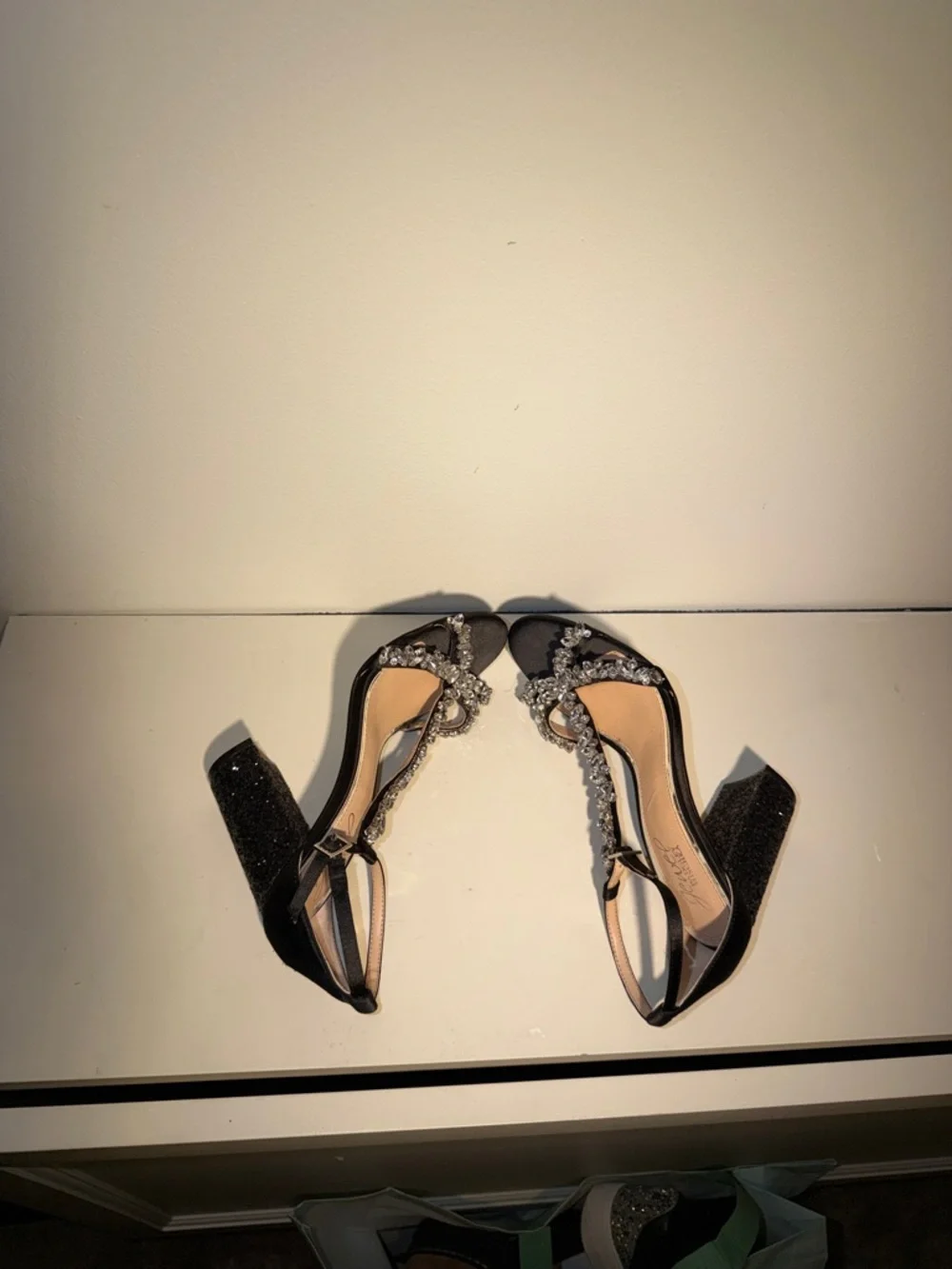 Jewel Badgley Mischka Black Crystal-Embellished Block Heel Sandals.Sz 7‎ Chic